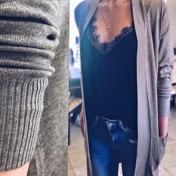 Ribbed Trim Soft Cozy Knit Long Cardigan Gray - Picture 2 of 6